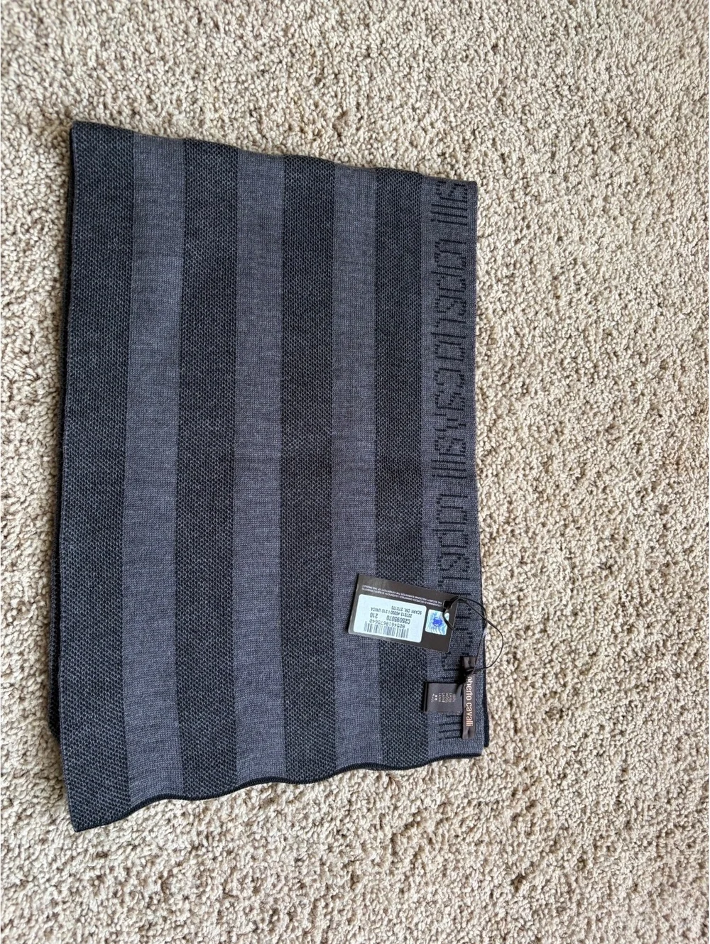 Roberto Cavalli Scarf 100% Wool Grey Black Striped Men Women Italy Authentic NWT